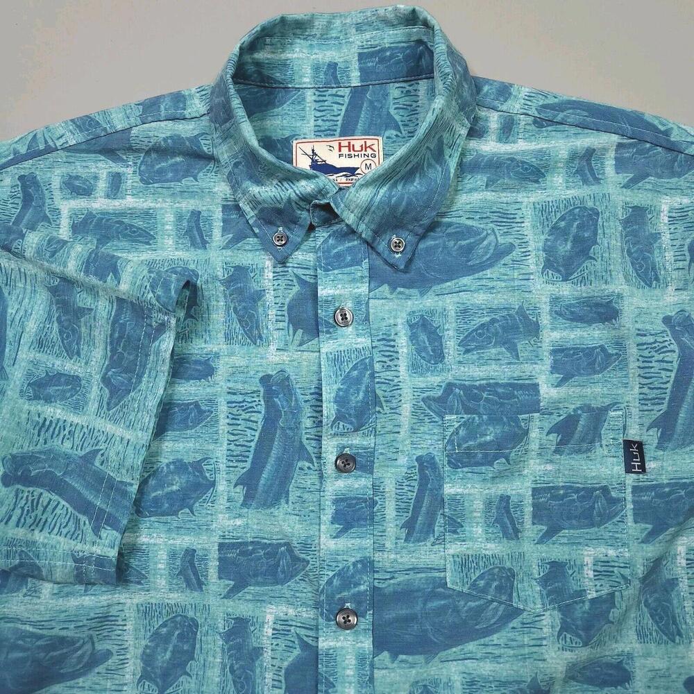 HUK KC Kona Stamped Performance Button Down Shirt Fishing Outdoor Medium